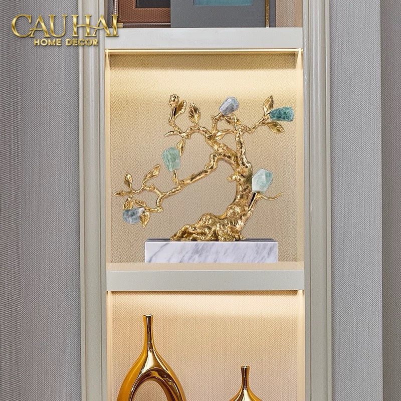Maison Couture - Tượng Nhân Sâm Bằng Đồng Đá Thạch Anh Xanh - Brasson Aventurine Quartz - Root Of Eternity 9x30x27-CẬU HAI HOME DECOR