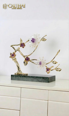 Maison Couture - Tượng Nhánh Cây Bằng Đồng Đá Thạch Anh Trắng White Quartz Harmony Amethyst Blooming 25x40-CẬU HAI HOME DECOR
