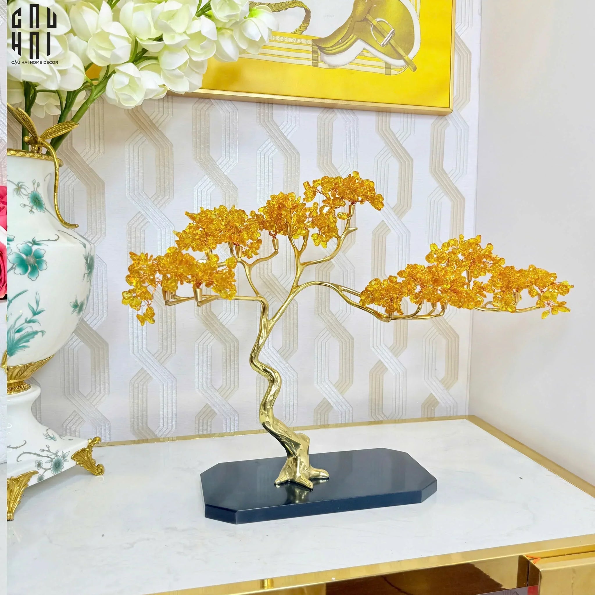 Maison Couture - Tượng Nhánh Cây Bonsai Thân Đồng Đá Pha Lê Vàng Lux Zen "Tree Of Light" 15x55x35-CẬU HAI HOME DECOR