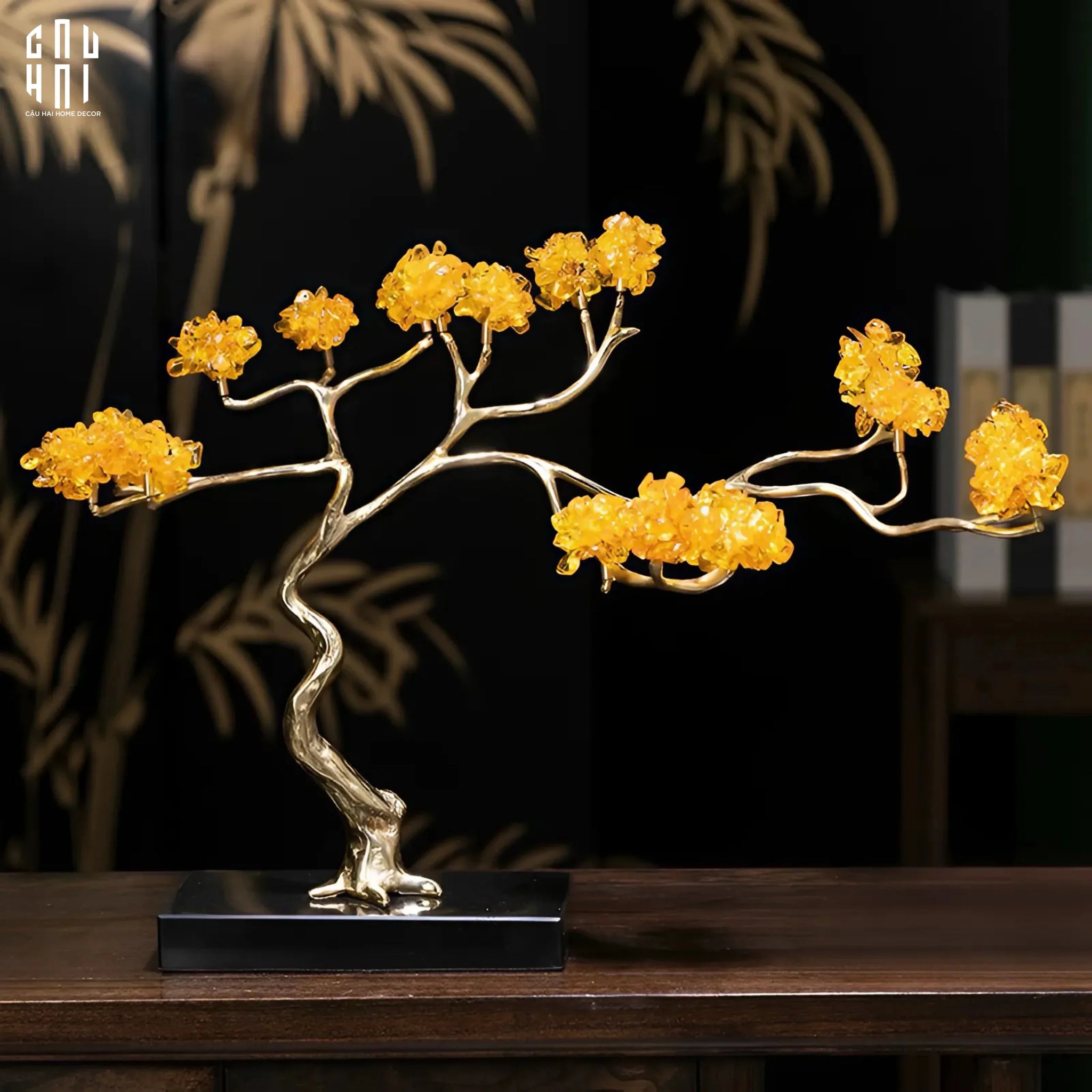 Maison Couture - Tượng Nhánh Cây Bonsai Thân Đồng Đá Pha Lê Vàng Lux Zen "Tree Of Light" 15x55x35-CẬU HAI HOME DECOR