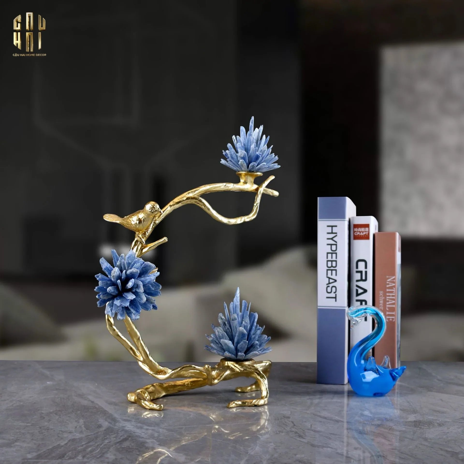 Maison Couture - Tượng Nhánh Cây Cánh Cung Bằng Đồng Đá Thạch Anh Blue Quartz 15x28x36-CẬU HAI HOME DECOR