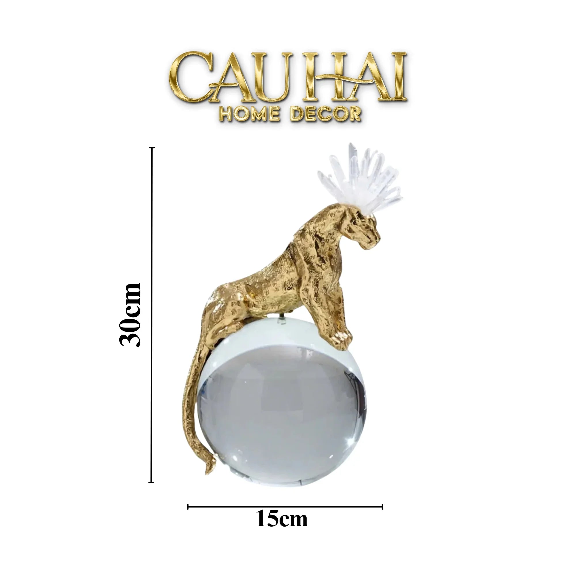 Maison Couture - Tượng Quả Cầu Pha Lê - Báo Đồng Đá Thạch Anh Trắng Regal Quartz Panther Globe 15x30-CẬU HAI HOME DECOR