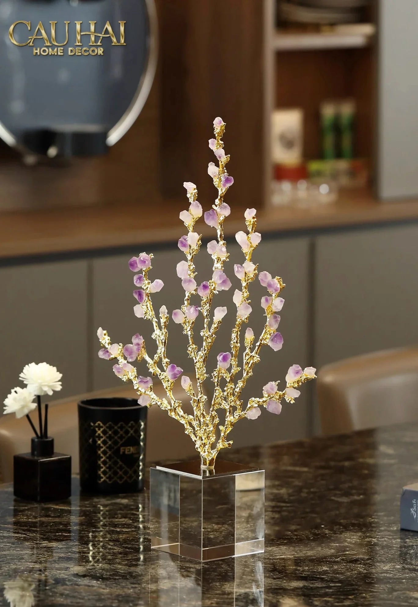 Maison Couture - Tượng San Hô Bằng Đồng Đá Thạch Anh Tím Amethyst Brasson Coral 32x42-CẬU HAI HOME DECOR
