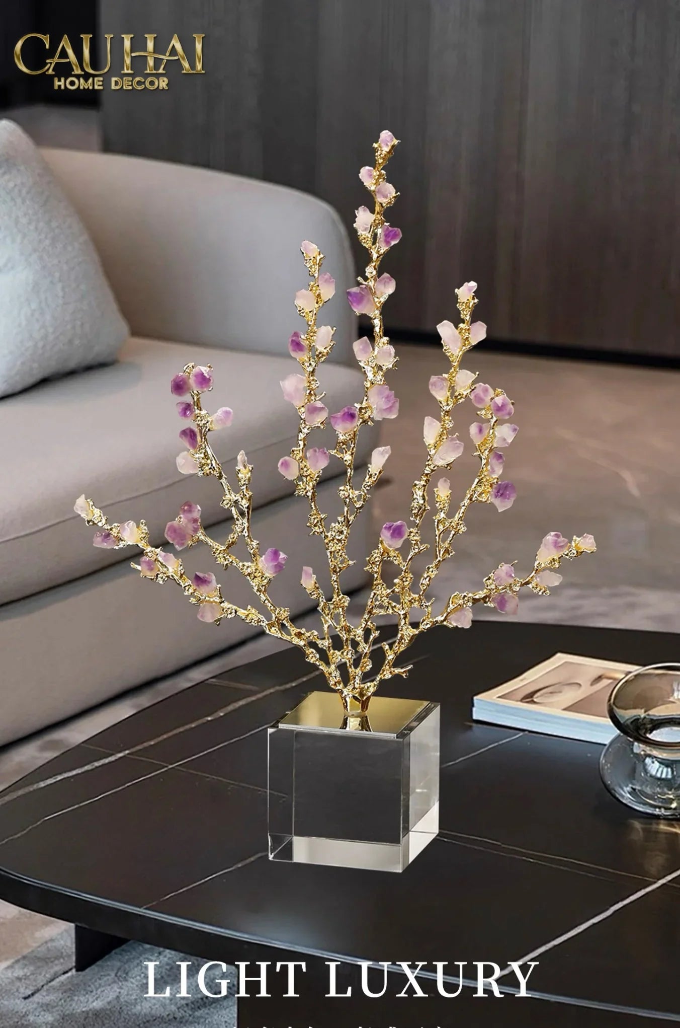 Maison Couture - Tượng San Hô Bằng Đồng Đá Thạch Anh Tím Amethyst Brasson Coral 32x42-CẬU HAI HOME DECOR