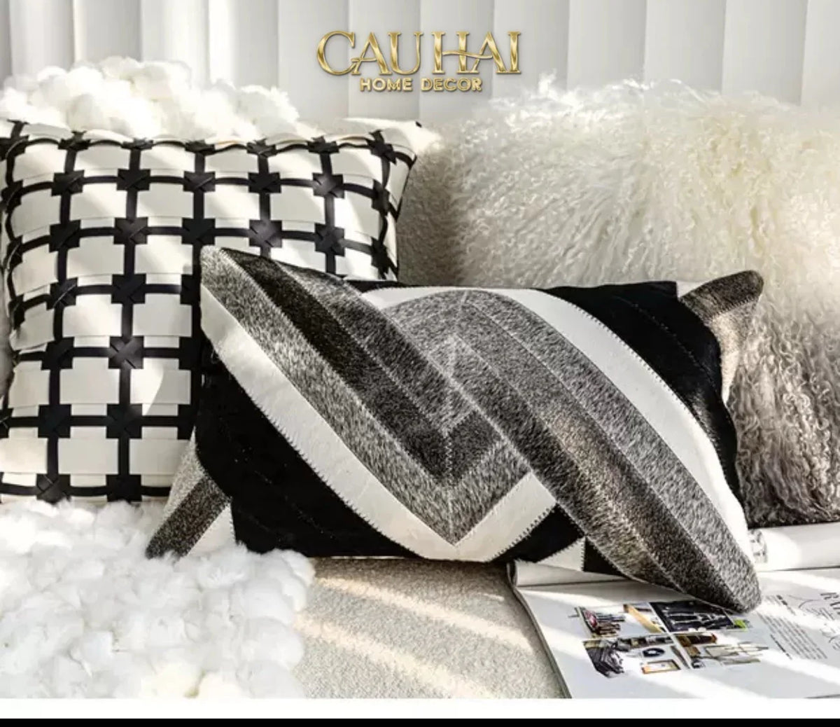 Maison Couture - Vỏ Gối Da Lux Leather Crossline Monochrome 45x45-VỎ GỐI-Đối tác tại Trung Quốc theo từng đơn đặt hàng-CẬU HAI HOME DECOR