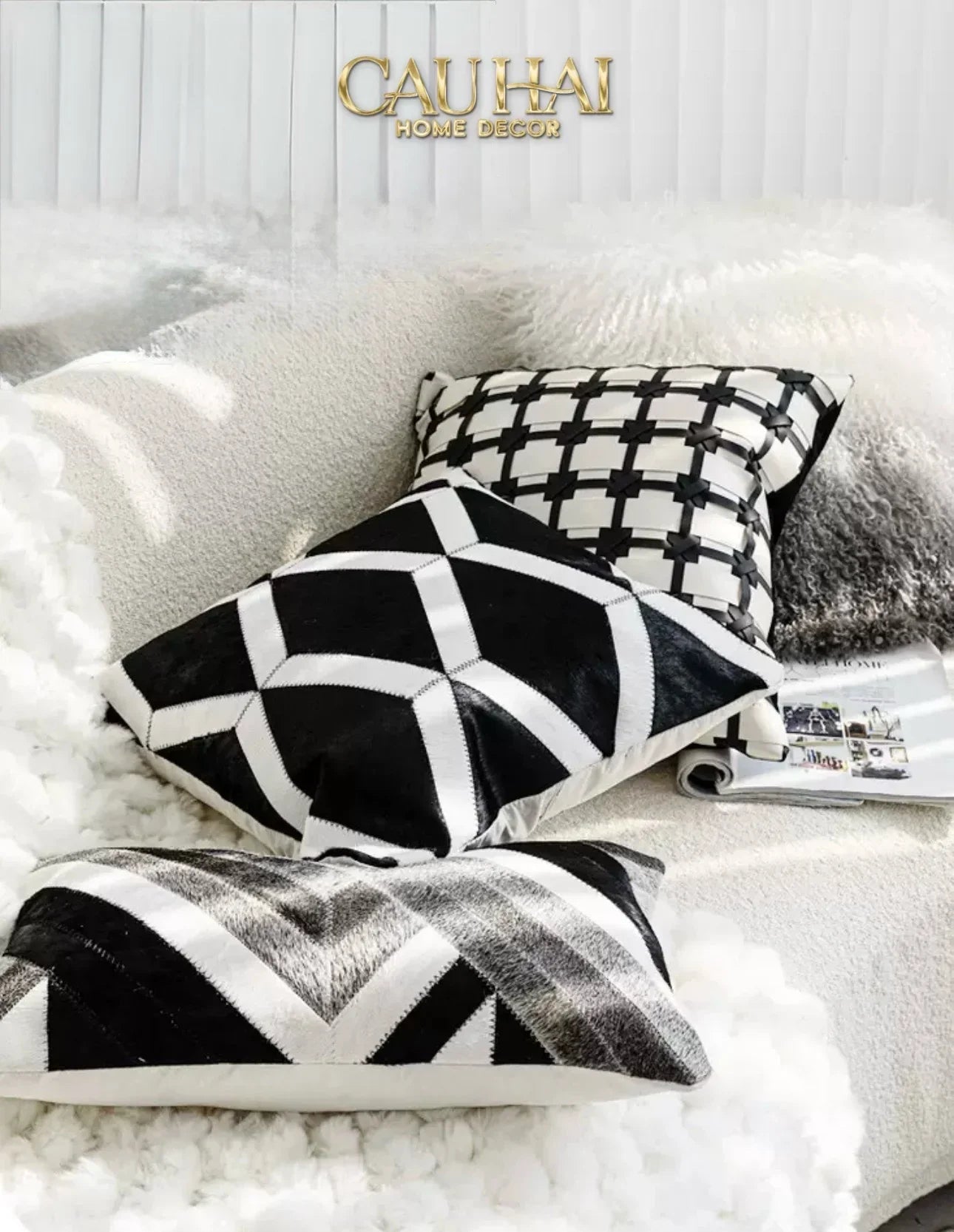 Maison Couture - Vỏ Gối Da Lux Leather Crossline Monochrome 45-CẬU HAI HOME DECOR