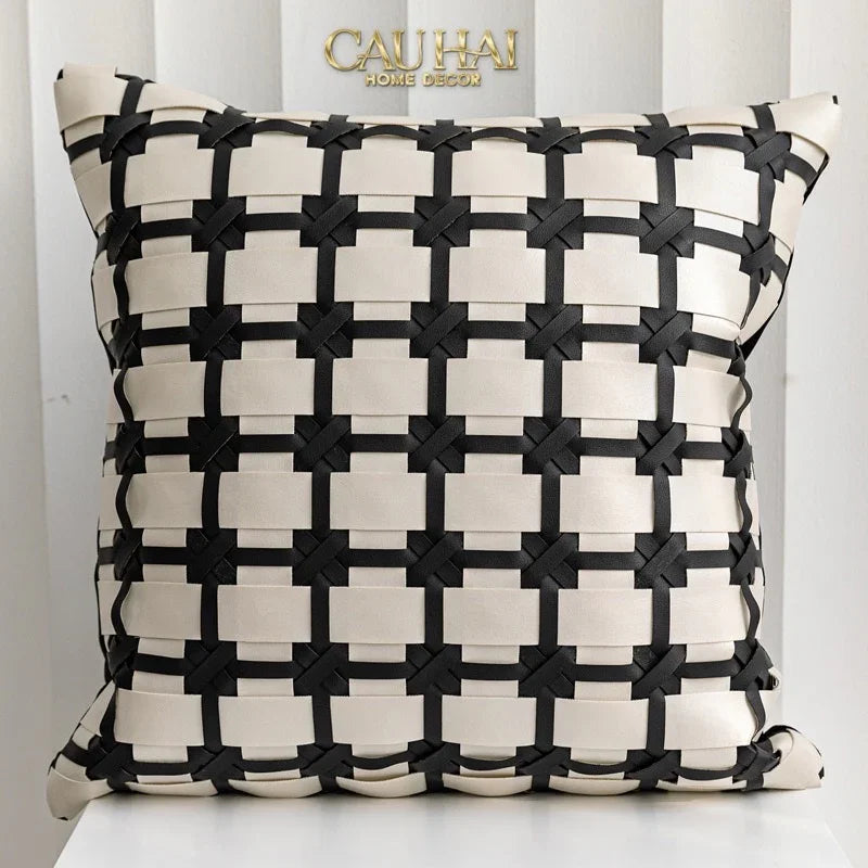 Maison Couture - Vỏ Gối Da Lux Leather Crossline Monochrome 45-CẬU HAI HOME DECOR