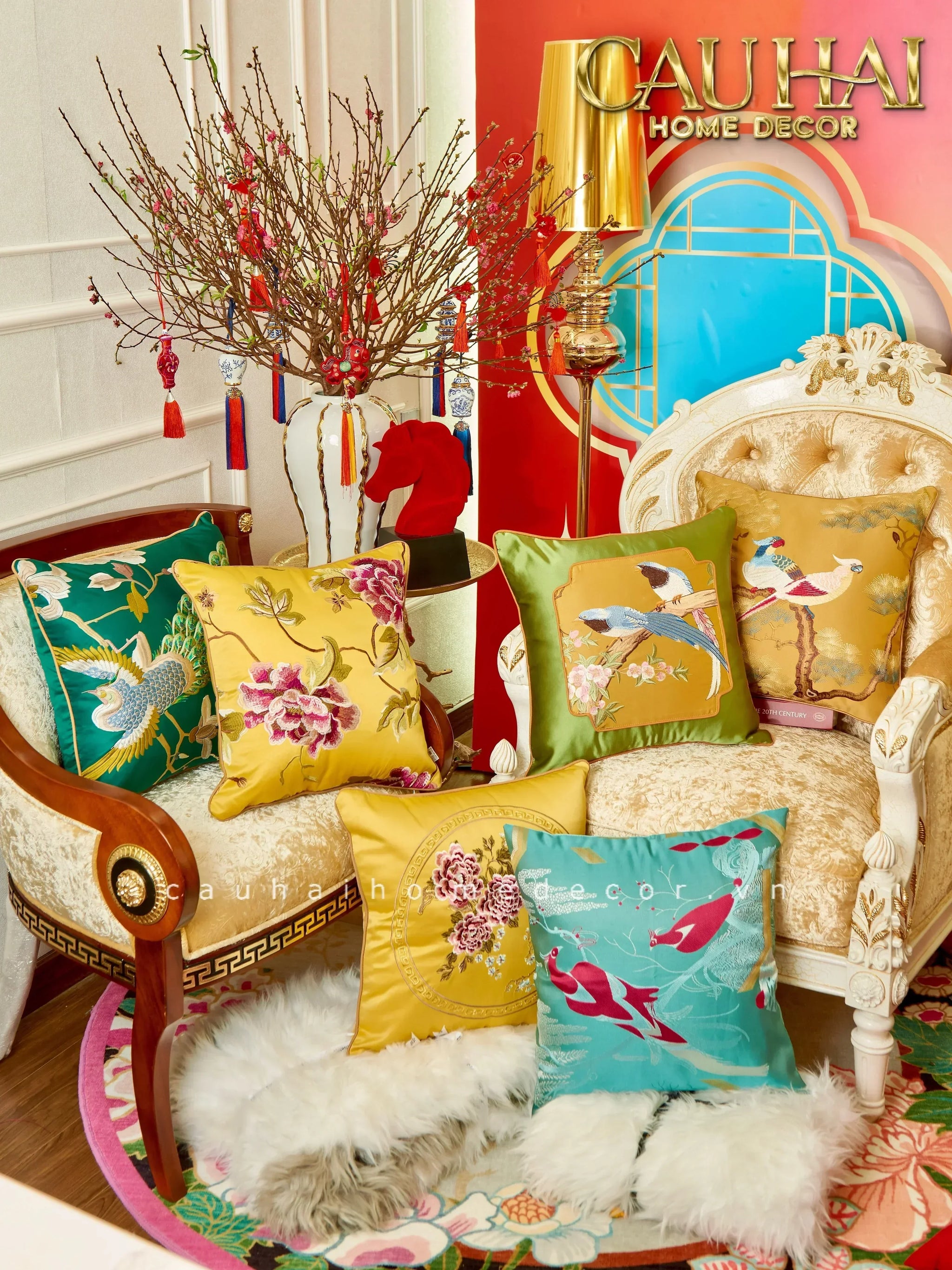 Maison Couture - Vỏ Gối Lụa Thêu Le Cardinal Solaire Turquoise Atélier Cushion 45-CẬU HAI HOME DECOR