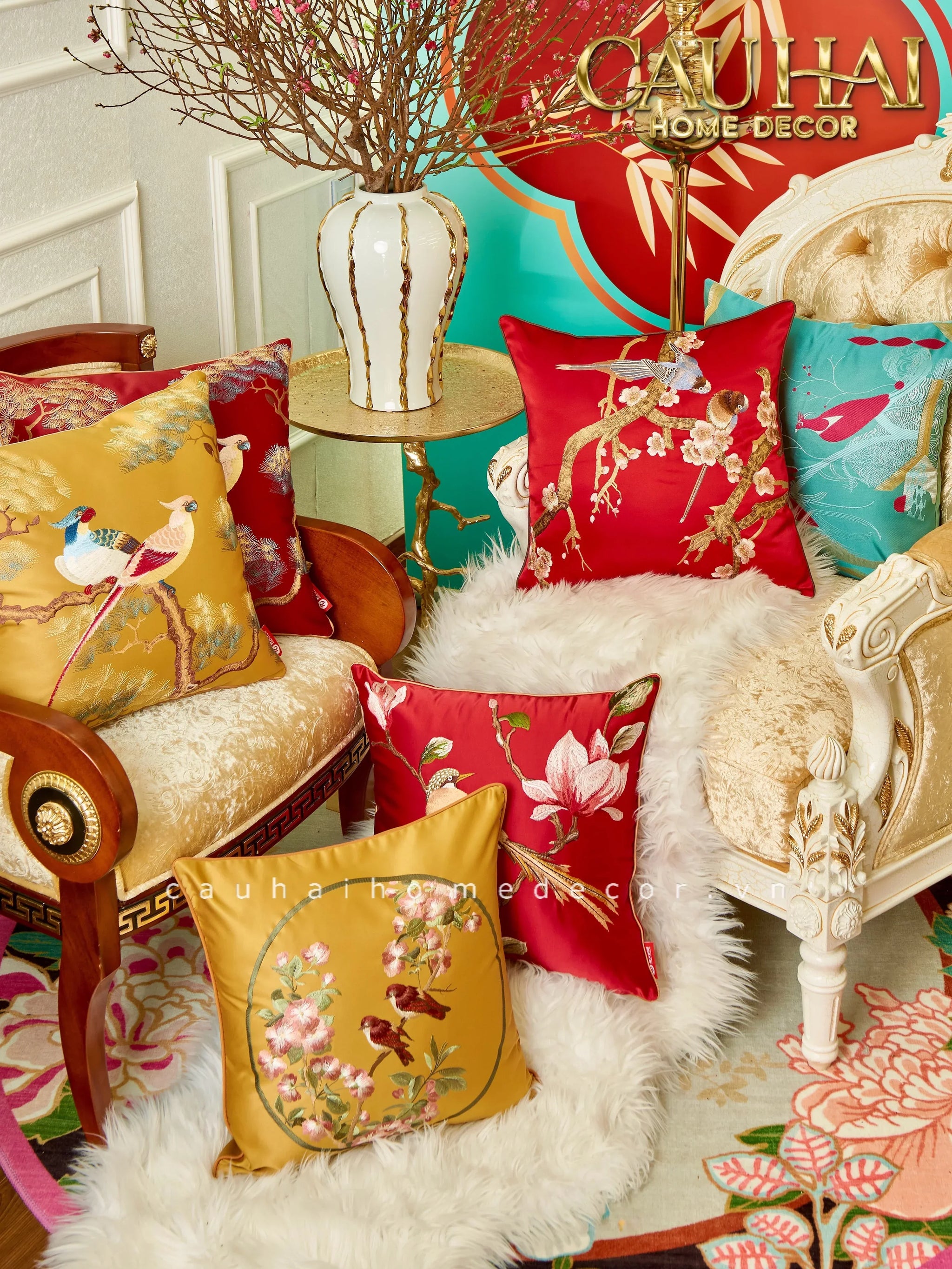 Maison Couture - Vỏ Gối Lụa Thêu Le Cardinal Solaire Turquoise Atélier Cushion 45-CẬU HAI HOME DECOR