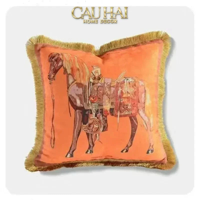 Maison Couture - Vỏ gối Nhung Chenille Cao Cấp Signature Orange Cheval Équestre 45 Corner Tassel-VỎ GỐI-CẬU HAI HOME DECOR