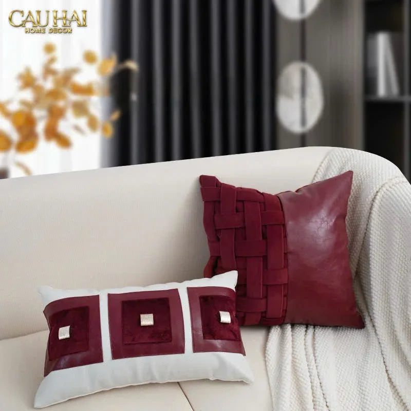 Maison Couture - Vỏ Gối Nhung Leather Bordeaux Woven 45-VỎ GỐI-Đối tác tại Trung Quốc theo từng đơn đặt hàng-CẬU HAI HOME DECOR