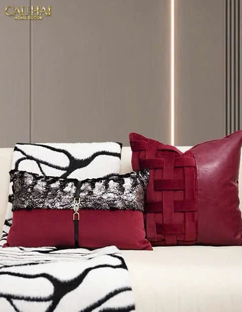 Maison Couture - Vỏ Gối Nhung Leather Bordeaux Woven 45-VỎ GỐI-Đối tác tại Trung Quốc theo từng đơn đặt hàng-CẬU HAI HOME DECOR