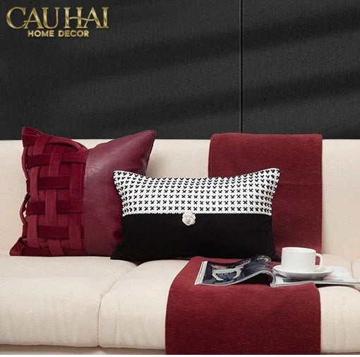 Maison Couture - Vỏ Gối Nhung Leather Bordeaux Woven 45-VỎ GỐI-Đối tác tại Trung Quốc theo từng đơn đặt hàng-CẬU HAI HOME DECOR