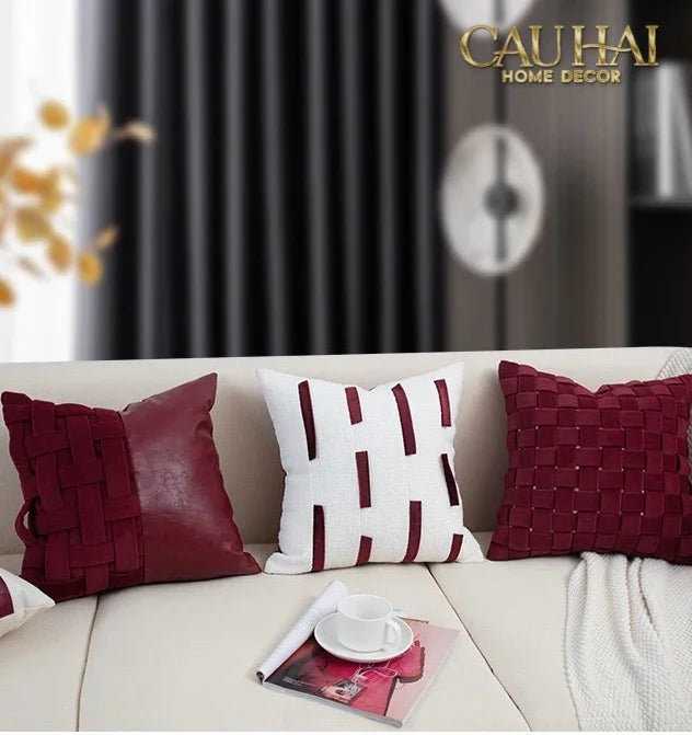 Maison Couture - Vỏ Gối Nhung Leather Bordeaux Woven Mistletoe 45-CẬU HAI HOME DECOR