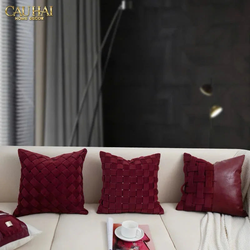 Maison Couture - Vỏ Gối Nhung Leather Bordeaux Woven Mistletoe 45-CẬU HAI HOME DECOR