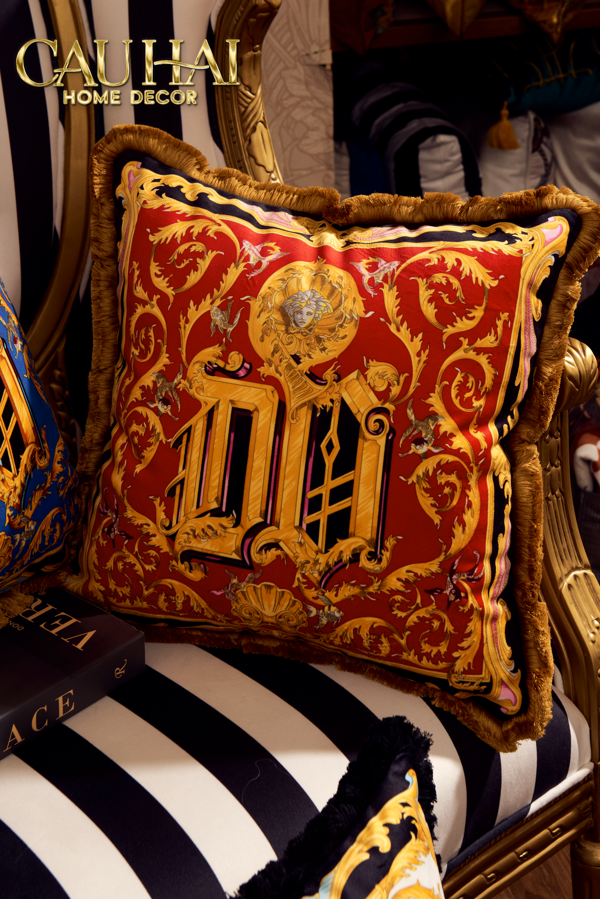 Maison Couture - Vỏ Gối V Class I ♡ Baroque Acanthus Medusa Monogram Cushion 45 Vermillion Rouge-VỎ GỐI SOFA-CẬU HAI HOME DECOR