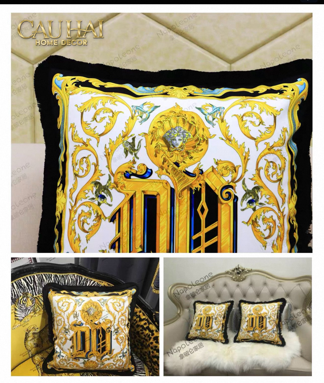 Maison Couture - Vỏ Gối V Class I ♡ Baroque Acanthus Medusa Monogram Cushion 45 Royal Blue-VỎ GỐI SOFA-CẬU HAI HOME DECOR