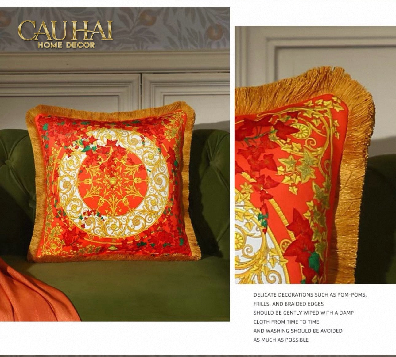 Maison Couture - Vỏ Gối V Class I ♡ Baroque Acanthus Medusa Monogram Cushion 45 Vermillion Rouge-VỎ GỐI SOFA-CẬU HAI HOME DECOR