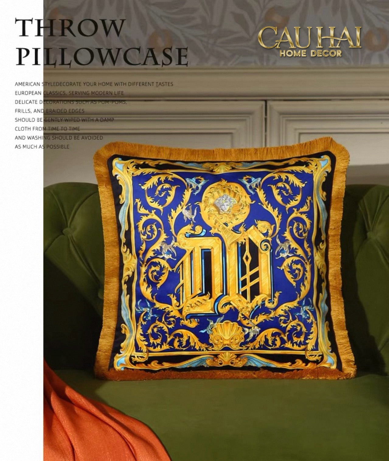 Maison Couture - Vỏ Gối V Class I ♡ Baroque Acanthus Medusa Monogram Cushion 45 Royal Blue-VỎ GỐI SOFA-CẬU HAI HOME DECOR