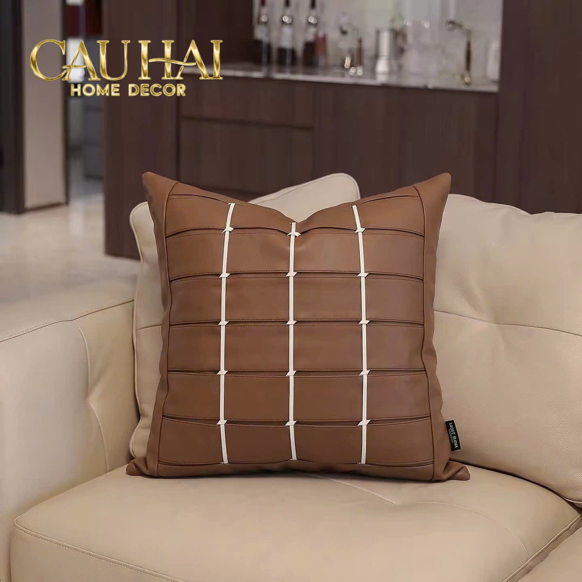 Vỏ Gối Da Quadrillage Cognac Ivory 45x45 – Điểm Nhấn Tinh Tế-VỎ GỐI SOFA-CẬU HAI HOME DECOR-CẬU HAI HOME DECOR