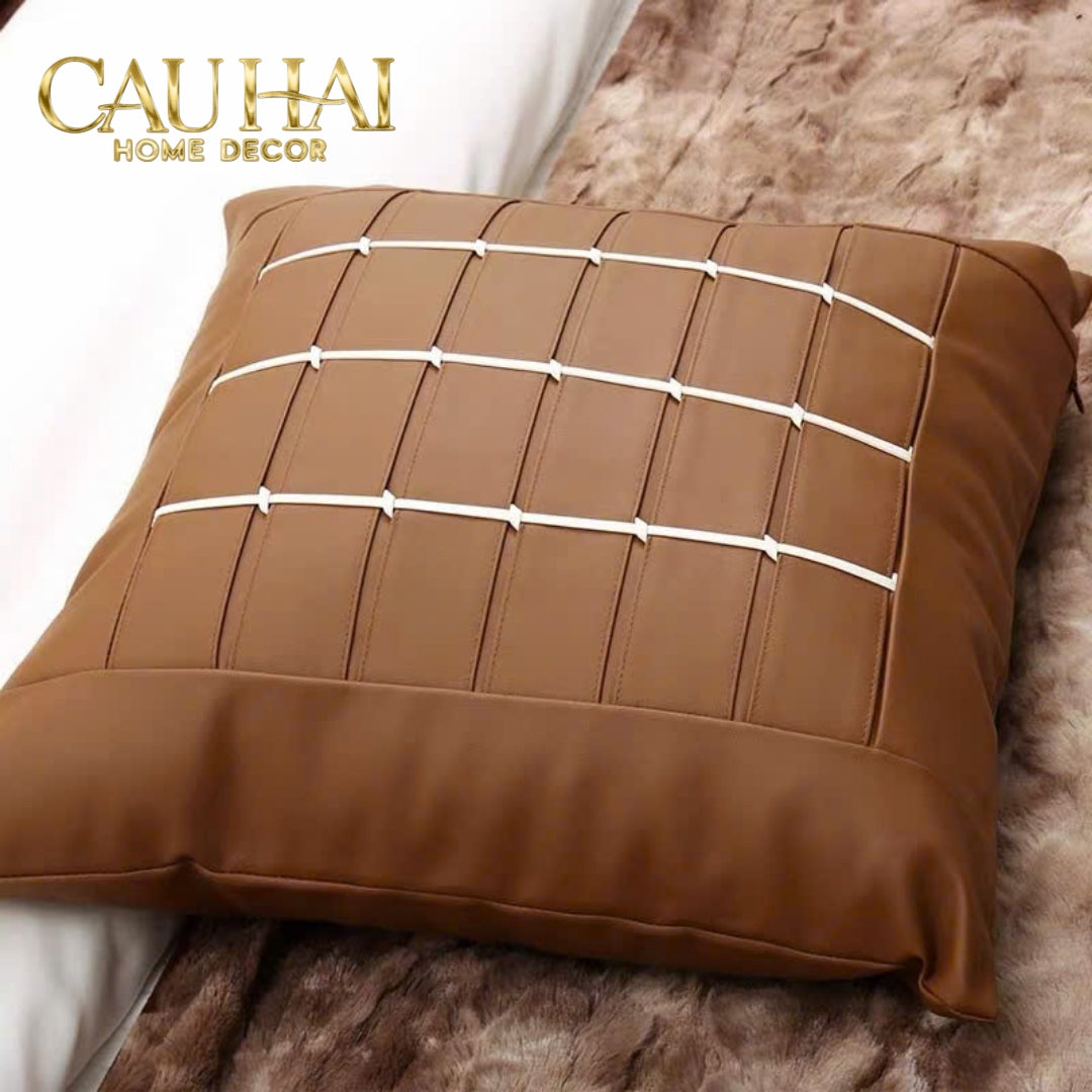 Vỏ Gối Da Quadrillage Cognac Ivory 45x45 – Điểm Nhấn Tinh Tế-VỎ GỐI SOFA-CẬU HAI HOME DECOR-CẬU HAI HOME DECOR