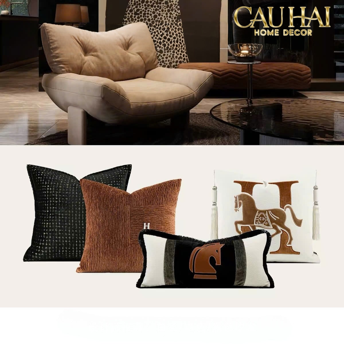 Vỏ Gối Nhung Phối Da Cavalier H Camel Ivory 45x45