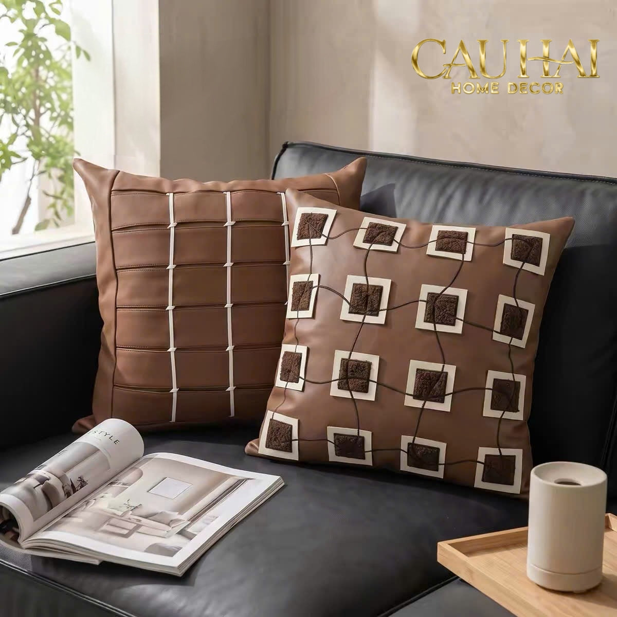 Vỏ Gối Da Quadrillage Cognac Ivory 45x45 – Điểm Nhấn Tinh Tế-VỎ GỐI SOFA-CẬU HAI HOME DECOR-CẬU HAI HOME DECOR