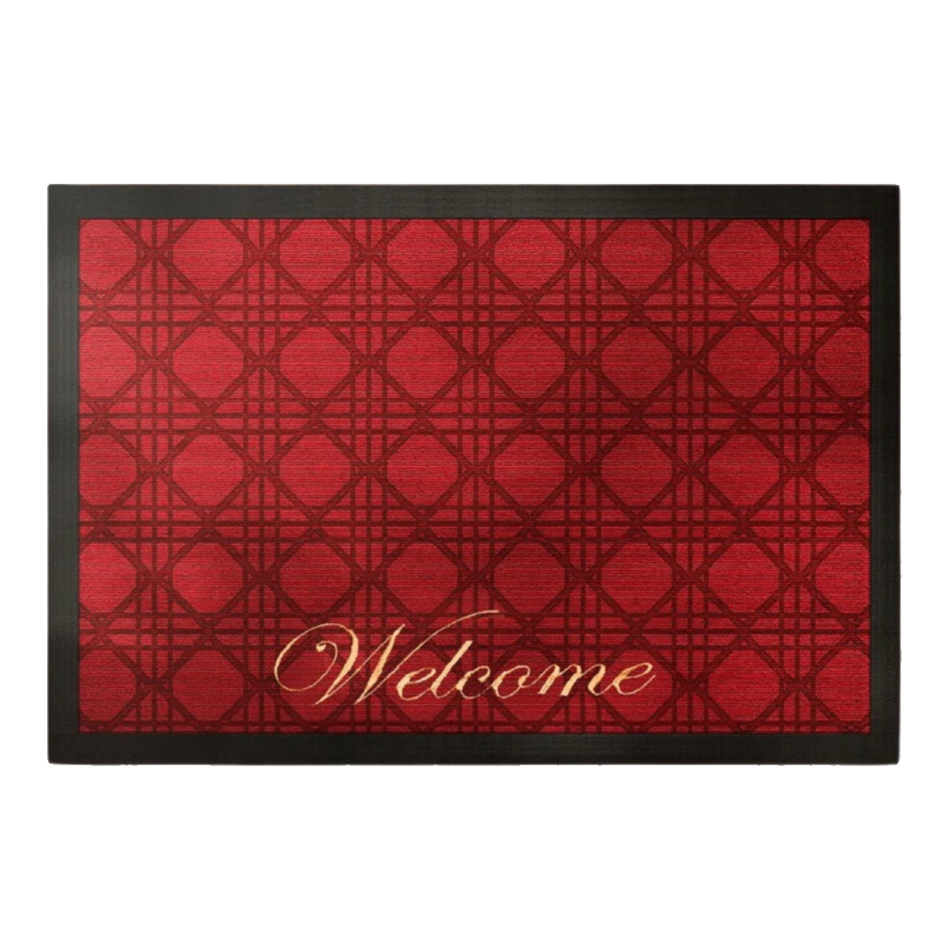 Poly Woven Dust Control Mat 80x100 Rouge Cannage Welcome - Leather Trim