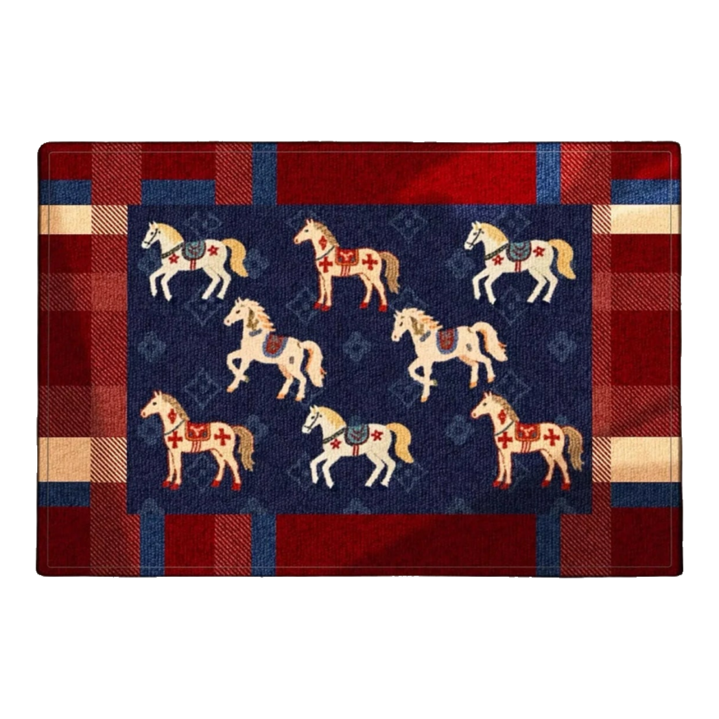 80x120 Royal Horse Woven Doormat - Équestre Royale Bleu Fleur de Monogram