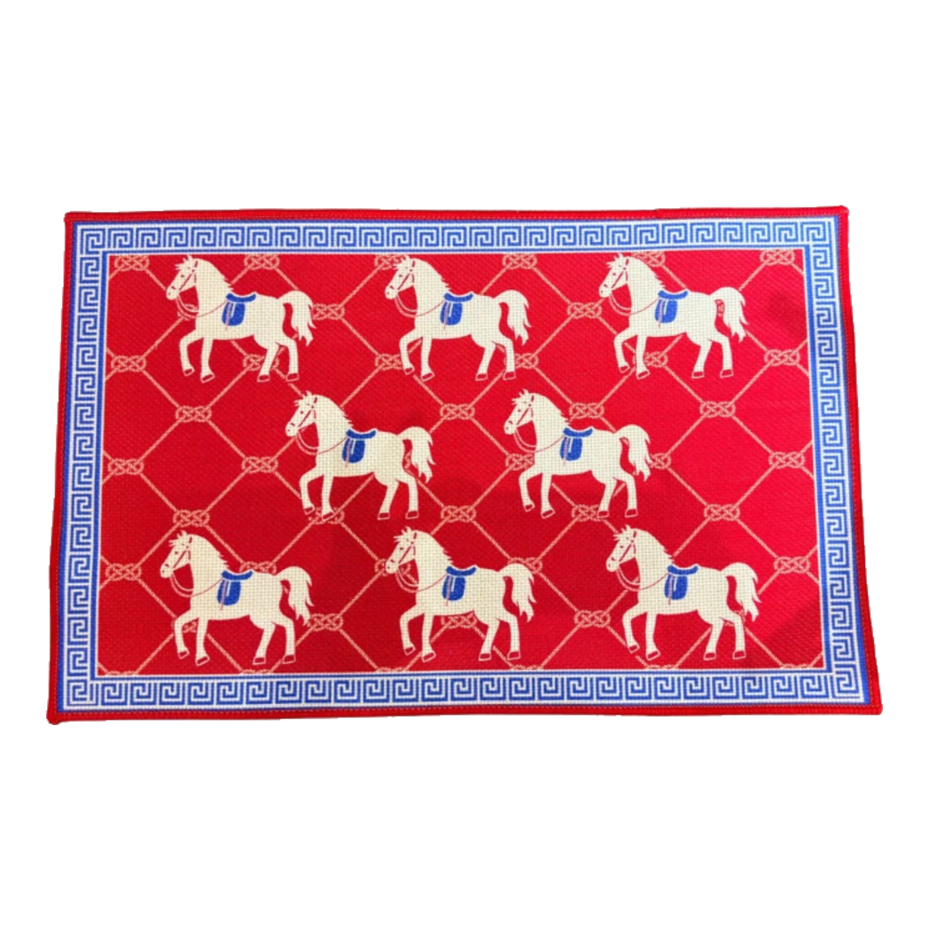 50x80 Red Horse Belgian Velvet Doormat - Les Chevaux Écarlates de Fortune