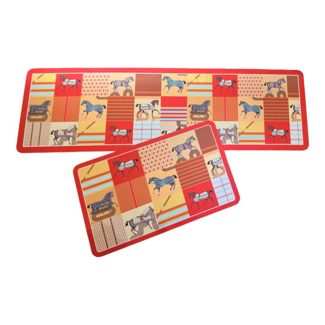 Crimson Red Equestrian Patchwork Microfiber Kitchen Mat Set 45x75/150