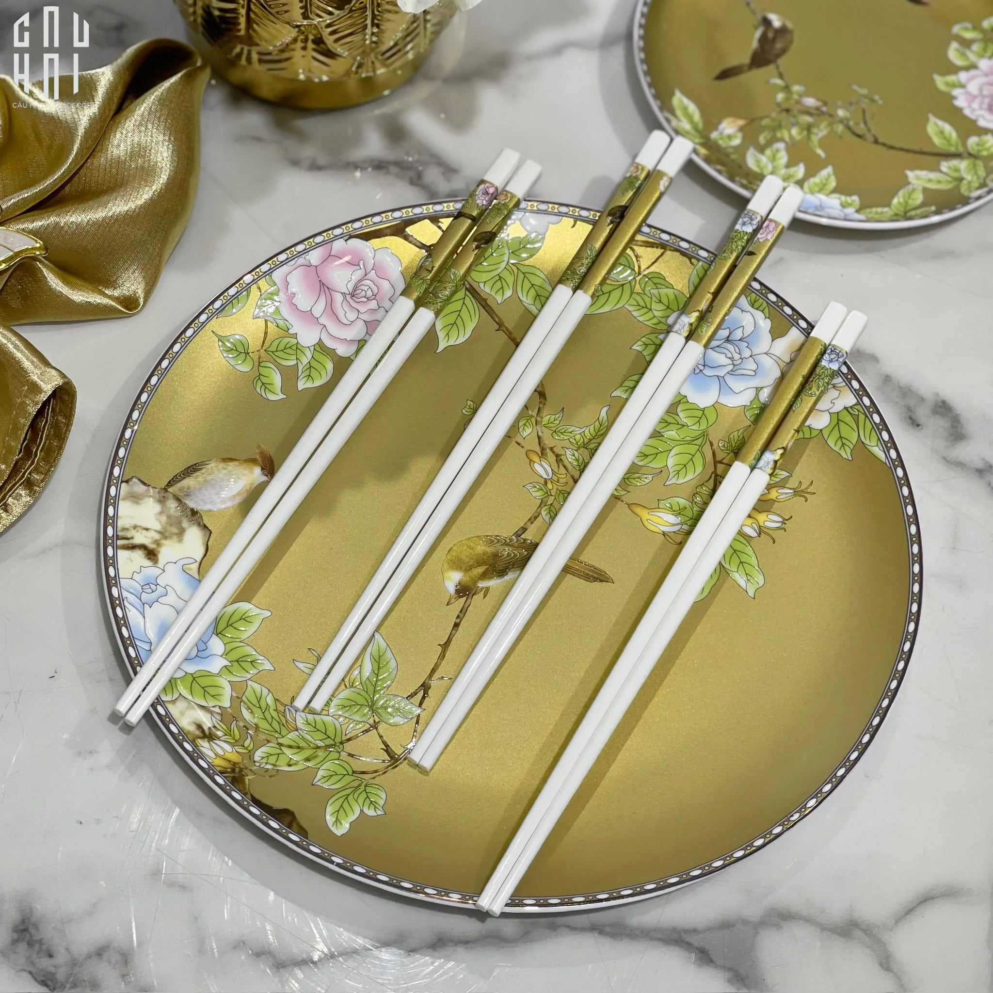 Set 10 Đôi Đũa Sứ BST Khổng Tước Hoàng Kim Porcelain Chopstick 25cm-CẬU HAI HOME DECOR