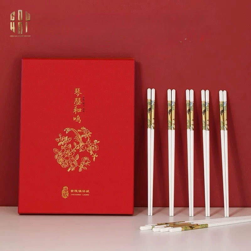 Set 10 Đôi Đũa Sứ BST Khổng Tước Hoàng Kim Porcelain Chopstick 25cm-CẬU HAI HOME DECOR