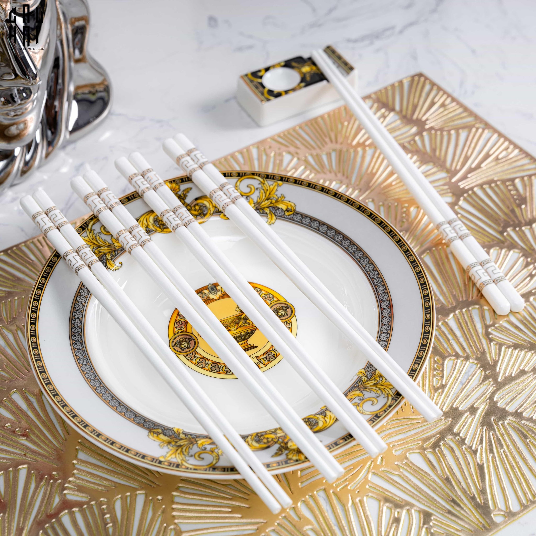 Set 10 Đôi Đũa Sứ V Class White Gold Greek Key Atélier Porcelain Chopsticks-CẬU HAI HOME DECOR