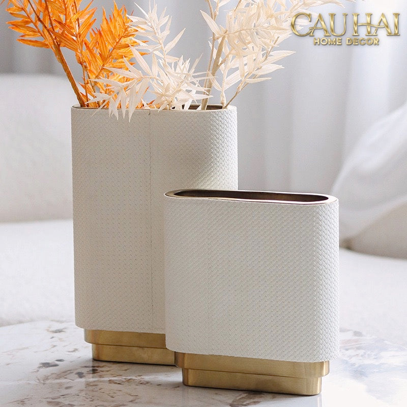 Set 2 Bình Hoa Bọc Da Cao Cấp - Leather Riviera Ivory Gilded Medusa-CẬU HAI HOME DECOR