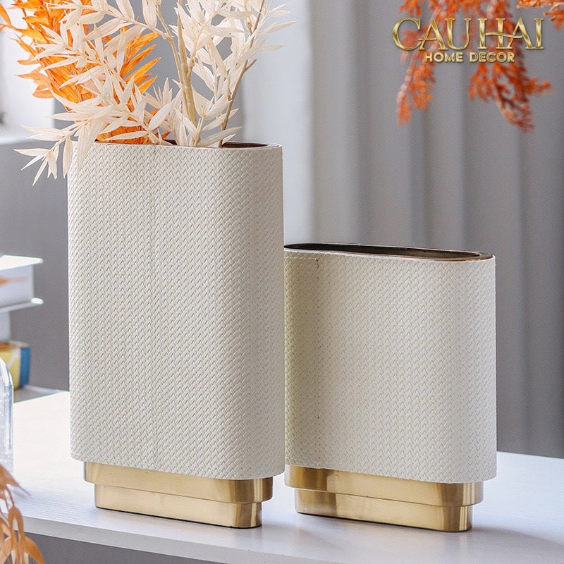 Set 2 Bình Hoa Bọc Da Cao Cấp - Leather Riviera Ivory Gilded Medusa-CẬU HAI HOME DECOR