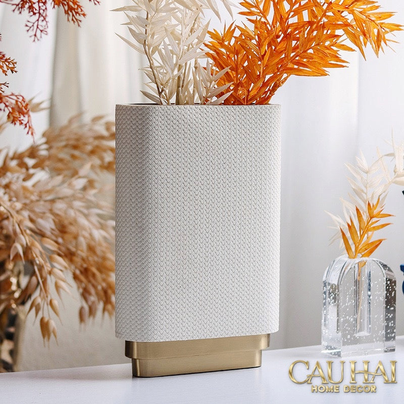 Set 2 Bình Hoa Bọc Da Cao Cấp - Leather Riviera Ivory Gilded Medusa-CẬU HAI HOME DECOR