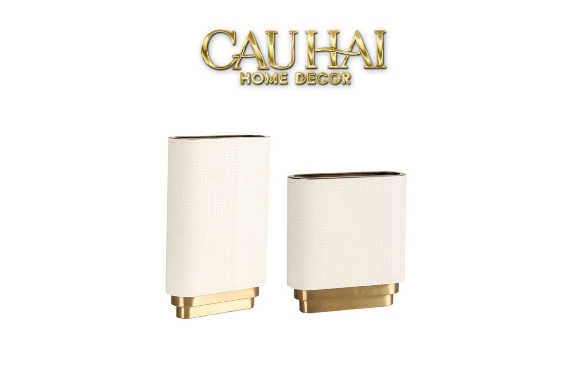 Set 2 Bình Hoa Bọc Da Cao Cấp - Leather Riviera Ivory Gilded Medusa-CẬU HAI HOME DECOR