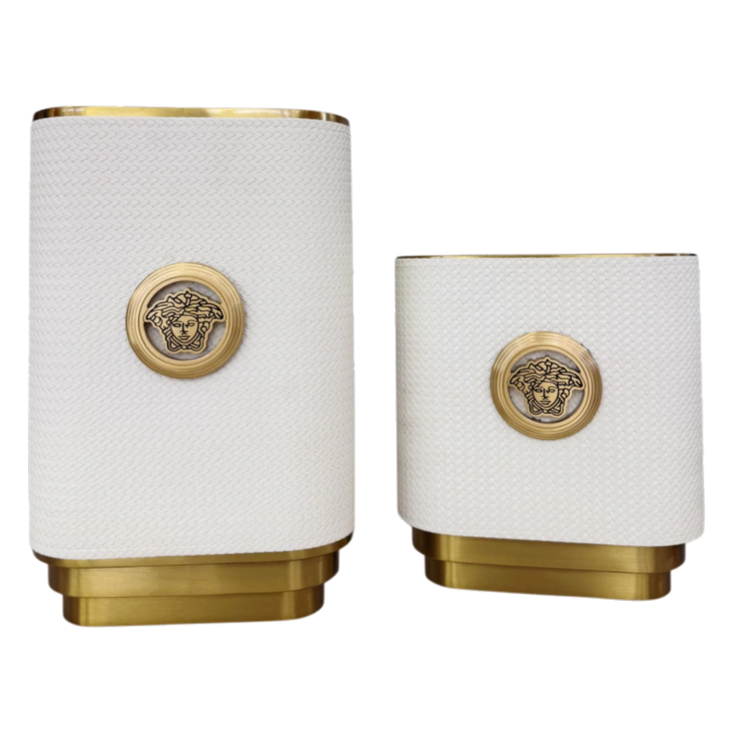 Set 2 Bình Hoa Bọc Da Cao Cấp - Leather Riviera Ivory Gilded Medusa