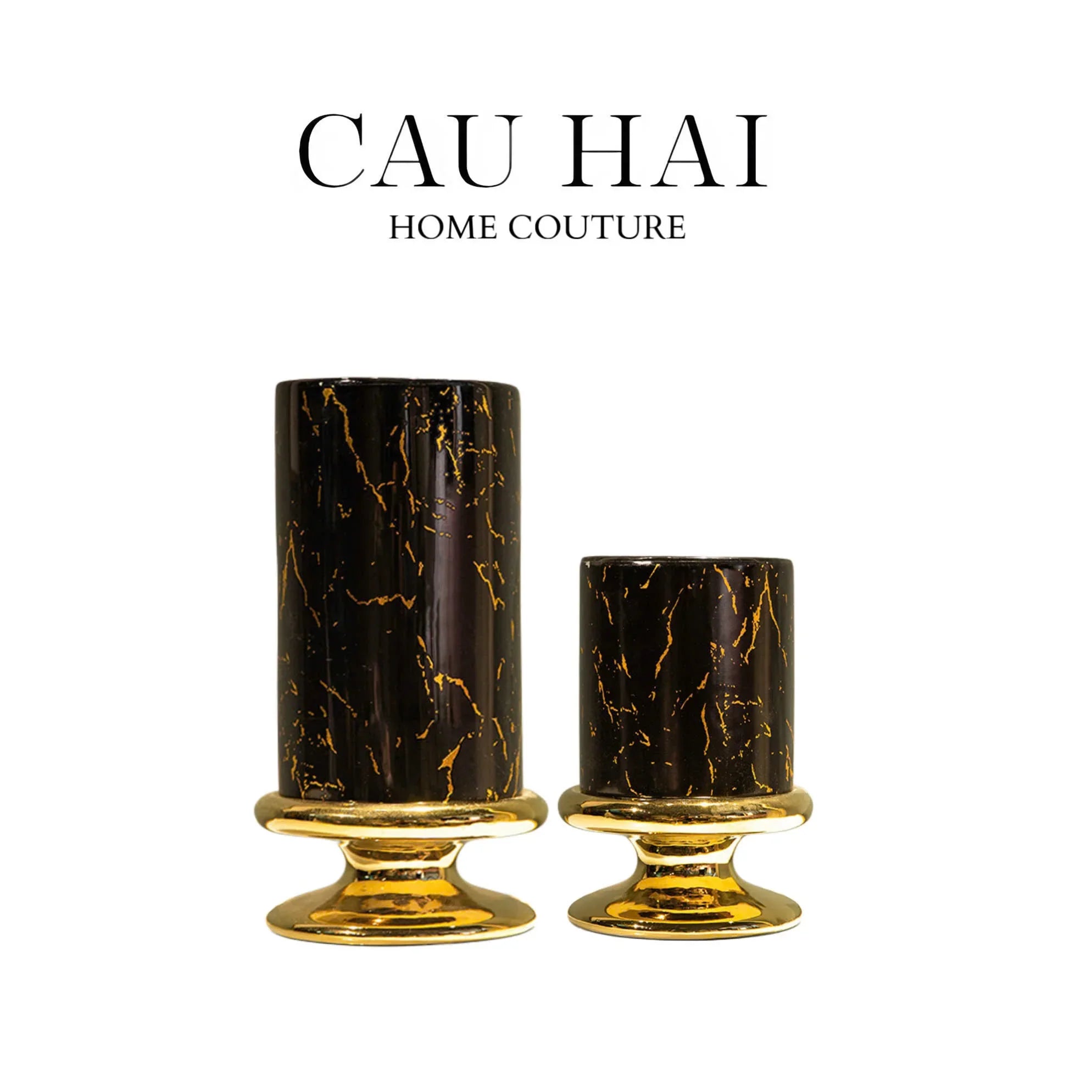 SET 2 BÌNH HOA SỨ - BLACK ARTHUR MARBLE H23/19-CẬU HAI HOME DECOR