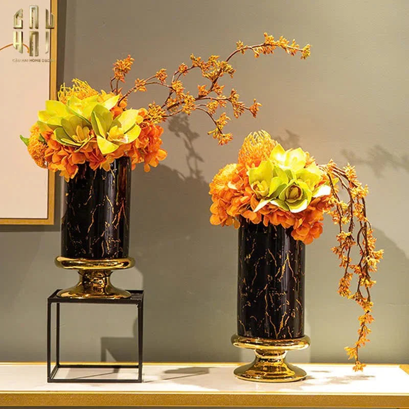 SET 2 BÌNH HOA SỨ - BLACK ARTHUR MARBLE H23/19-CẬU HAI HOME DECOR