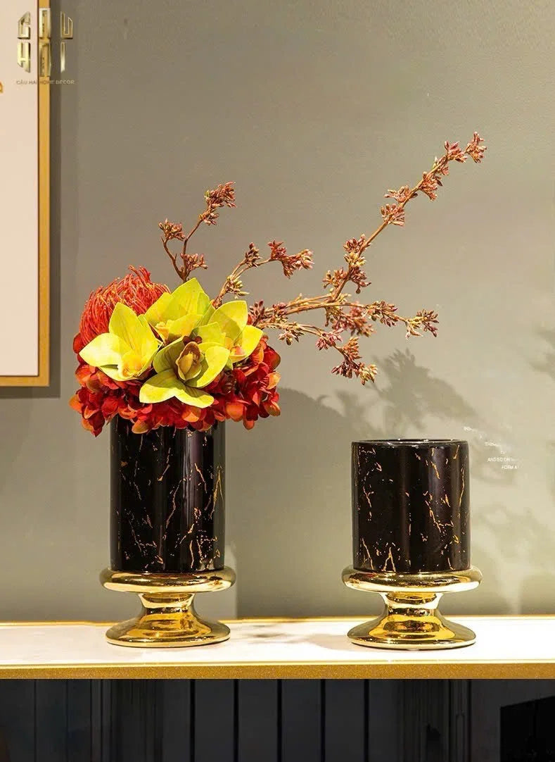 SET 2 BÌNH HOA SỨ - BLACK ARTHUR MARBLE H23/19-CẬU HAI HOME DECOR