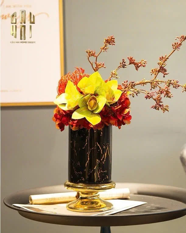 SET 2 BÌNH HOA SỨ - BLACK ARTHUR MARBLE H23/19-CẬU HAI HOME DECOR