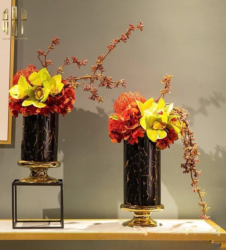 SET 2 BÌNH HOA SỨ - BLACK ARTHUR MARBLE H23/19-CẬU HAI HOME DECOR