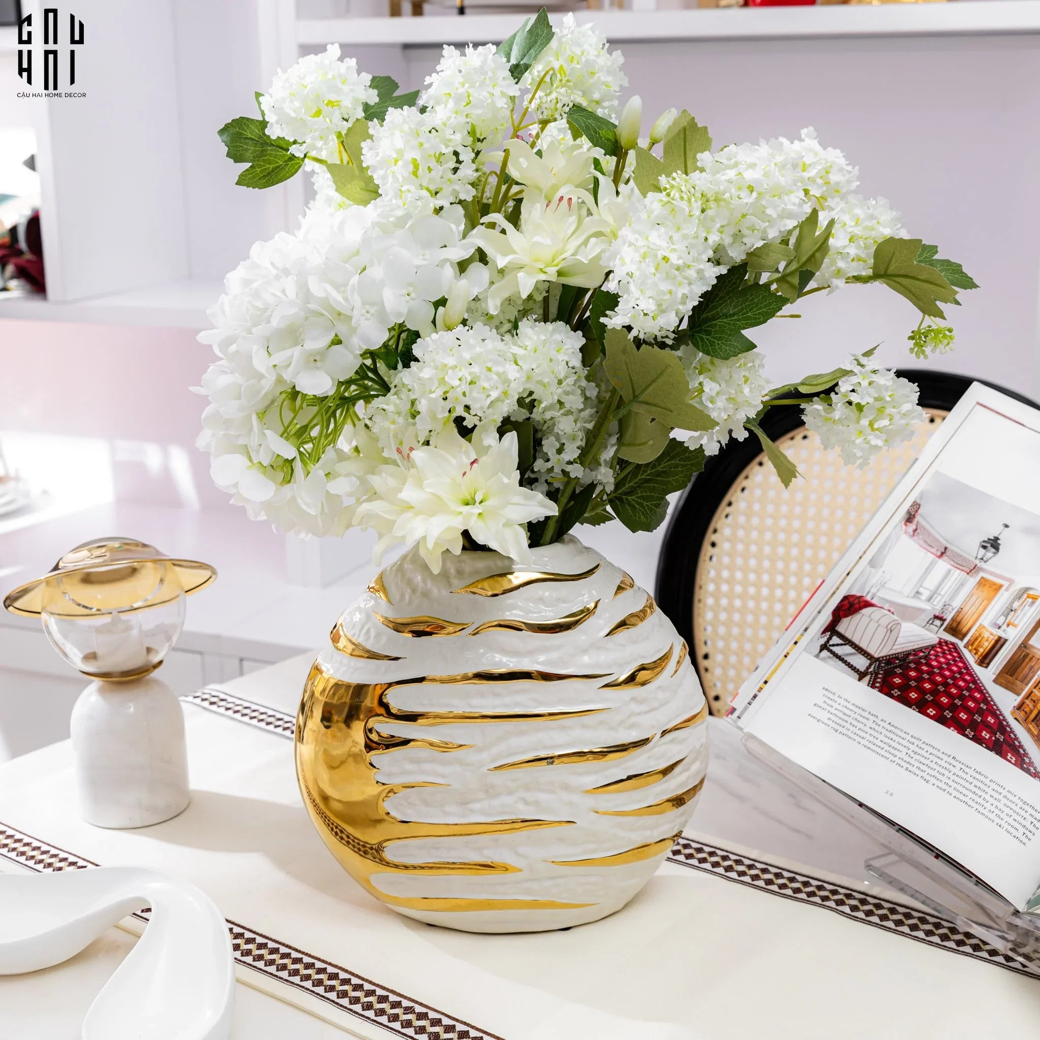 SET 2 CÀNH CẨM TÚ CẦU MINI - TRẮNG-CẬU HAI HOME DECOR