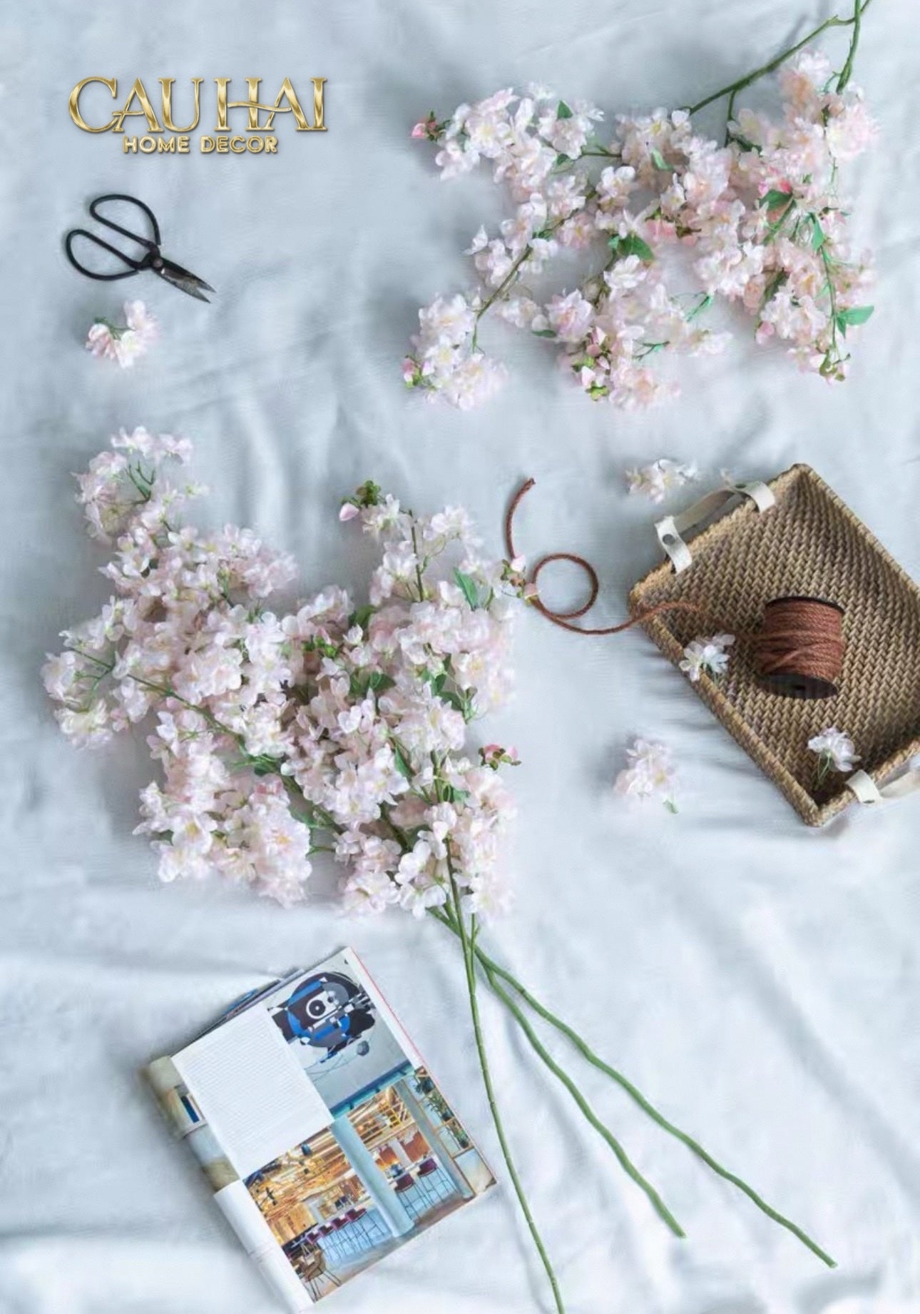 Set 2 Cành Hoa Anh Đào Trắng - White Sakura - CẬU HAI HOME DECOR