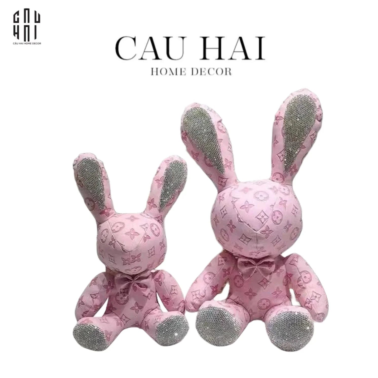 SET 2 CHÚ THỎ DA LIGHT PINK LOUIS LUCKY BUNNY WITH DIAMOND - S28 S38-CẬU HAI HOME DECOR