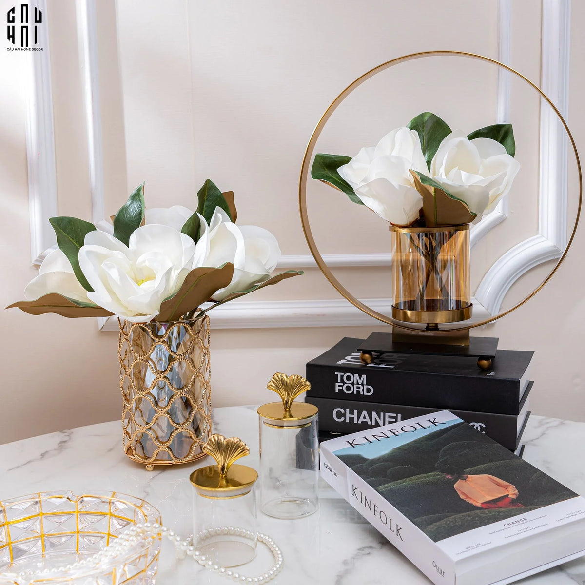 Set 2 Hoa Mộc Lan Trắng - Magnolia Grandiflora-TƯỢNG TRANG TRÍ-Đối tác tại Trung Quốc theo từng đơn đặt hàng-CẬU HAI HOME DECOR