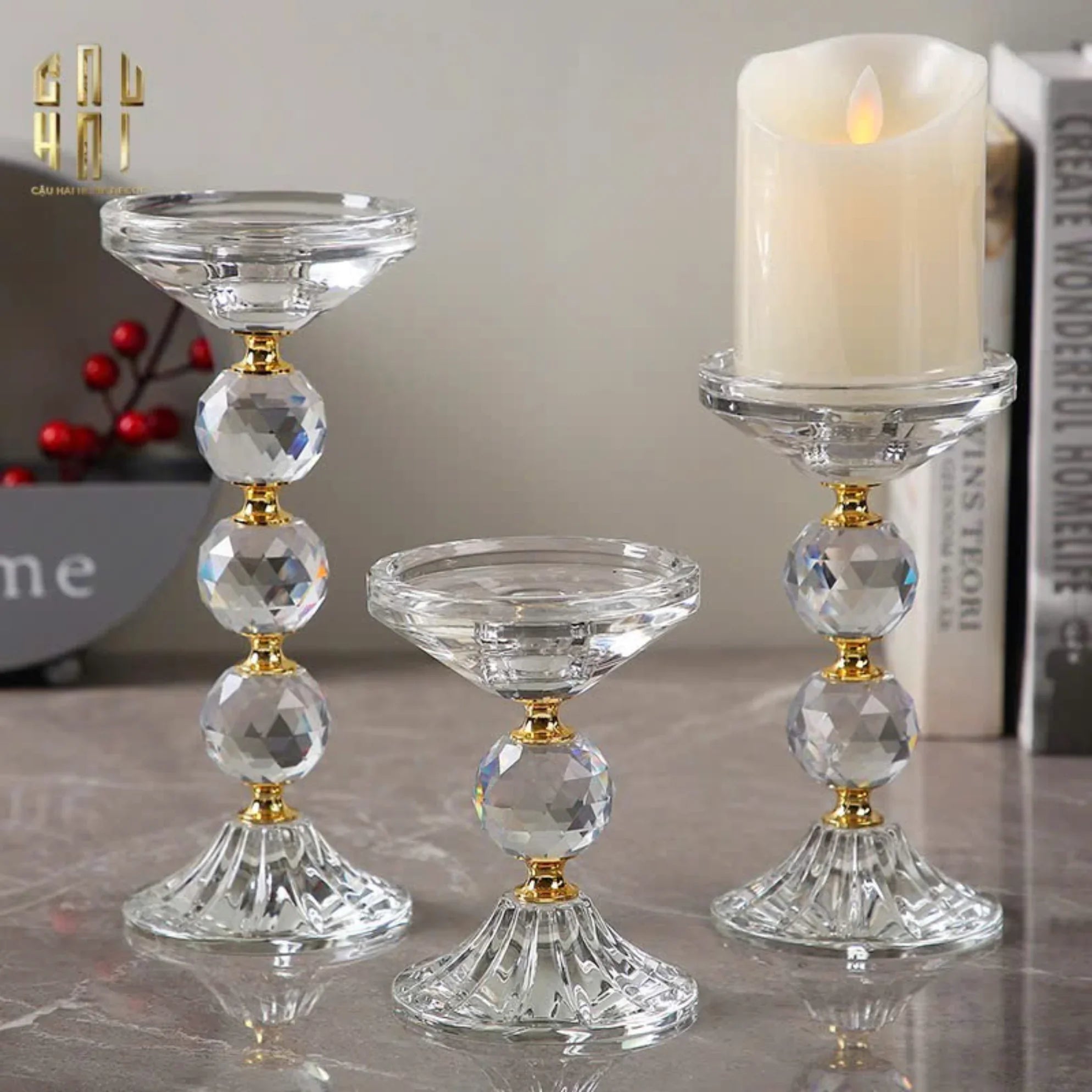 SET 3 ĐẾ NẾN CRYSTAL CROWN TRIO-CẬU HAI HOME DECOR