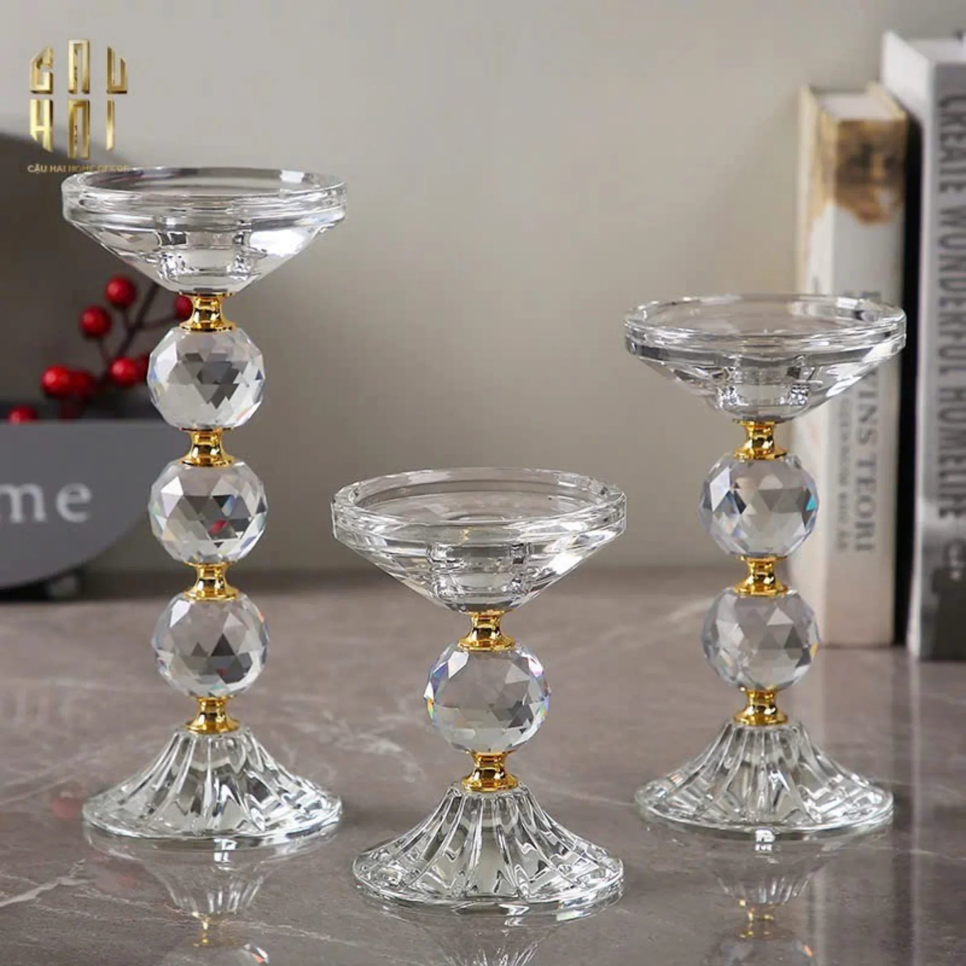 Set 3 Đế Nến Crystal Crown Triptyque Candle Holders - CẬU HAI HOME DECOR